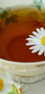 Chamomile tea cup with white daisies floating.