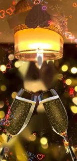 Champagne glasses toasting with heart bokeh and candlelight glow.