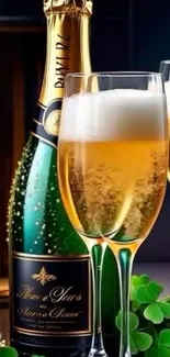 Champagne glasses with bottle in festive setting.