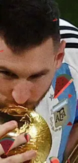 Sports champion kissing a golden trophy proudly.