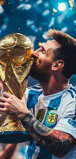 Football champion kissing trophy in celebration.