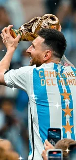 Soccer player celebrates victory holding trophy with a joyful expression.