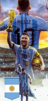 Football legend holding trophies with fireworks in a stadium.
