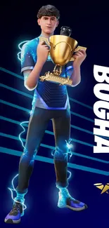 Fortnite champion gamer holding a trophy with vibrant blue background.