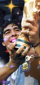 Man joyfully holds trophy with stars around.