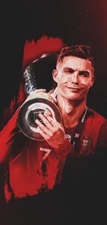 Mobile wallpaper of champion holding a trophy in vibrant red hues.