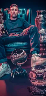 Athlete with trophies on a leather chair.