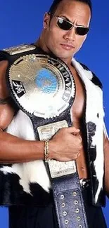 Confident champion with belt on blue background.