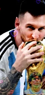 Football champion embraces World Cup trophy passionately.