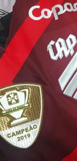 Football jersey with a championship gold badge on maroon fabric.