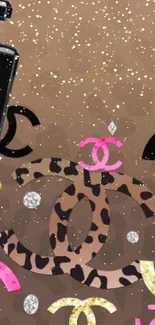 Chanel perfume and logos on a brown glamour background.