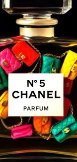 Chanel No. 5 perfume bottle with colorful handbag details.