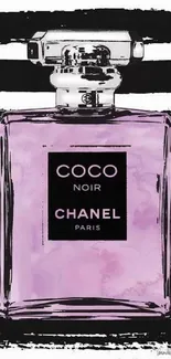 Chanel perfume bottle on a black and white striped background.