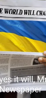 Man holding newspaper with Ukrainian flag.