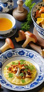 Exquisite dish with chanterelle mushrooms in decorative bowls and plates.