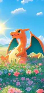 Charizard sitting in a sunny meadow with colorful flowers.