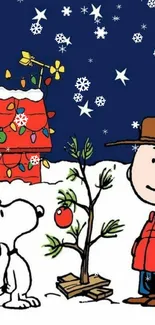 Charlie Brown and Snoopy with Christmas tree under starry sky.