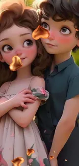 3D animated couple in a charming embrace with warm tones and whimsical details.