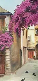 Charming alley with pink bougainvillea blooms.