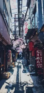 Charming urban alleyway with vibrant signs and traditional lanterns.