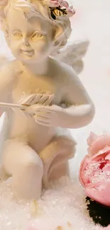 Charming angel statue with pink roses and delicate ambiance.