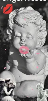 Angel statue blowing kiss with pink petals.