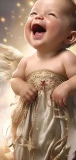 Angelic baby with a radiant smile and golden glow wearing a delicate gown.