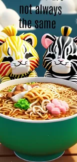 Tiger and zebra enjoying ramen in a whimsical cartoon style.