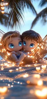 Two animated characters in hammock with glowing lights on beach.