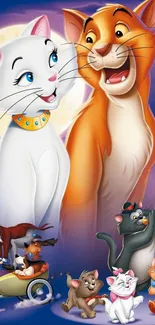 Charming animated cat family under moonlight, perfect wallpaper for cartoon fans.