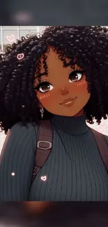 Animated girl with curly hair and heart accents in stylish art.