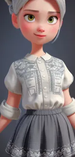 Charming animated character in gray and white clothing.