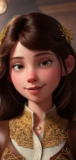 Animated girl with golden embroidery in a warm ambient setting.