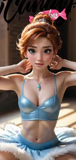 Animated character in blue outfit posing elegantly.