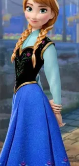 Animated character in a blue dress with braids, standing outdoors.