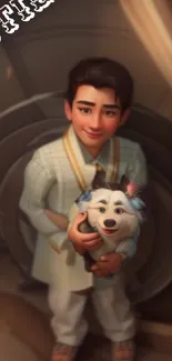 Charming animated boy holding a fluffy white dog in a digital art style.