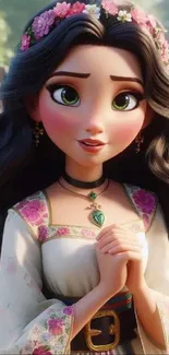 Charming animated character with floral accessories and dark hair.