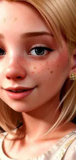 Animated blonde girl with freckles and a smile, perfect for wallpaper.