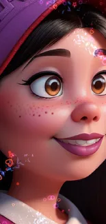 Animated girl with purple cap and freckles, smiling warmly.