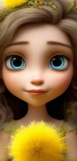Animated girl with blue eyes and yellow flowers in a whimsical scene.