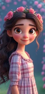 Animated girl with flowers in hair, pink floral background.