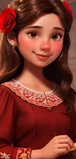 Charming animated girl in red dress with floral accents.