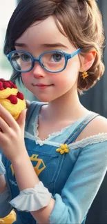 Charming animated girl with blue glasses holding a pastry in a cozy setting.