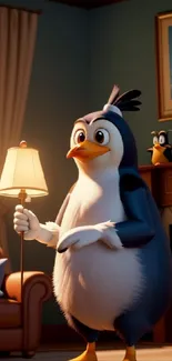 Cartoon penguin standing in cozy room holding lamp