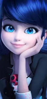 Animated girl with blue hair and butterflies, enchanting theme.