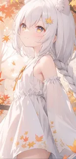 Anime girl with white hair in autumn leaves scene.