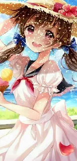 Anime girl in summer dress by the beach, holding ice cream.