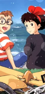 Anime characters enjoy a beach scene with a bicycle in the foreground.