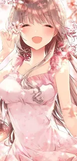 Anime girl with cherry blossoms and pink dress.