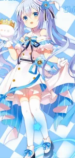 Charming anime character with blue and pink hues, holding a small crown.